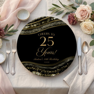 Assiettes En Carton Fête d'anniversaire élégante Black Gold Agate 25 a