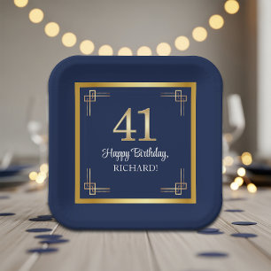 Assiettes En Carton Fête d'anniversaire élégante bleu or 41 ans