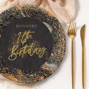 Assiettes En Carton Fête d'anniversaire élégante noire et dorée paille