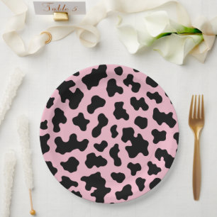 Assiettes En Carton Fête d'anniversaire en cuir de vache noire et rose