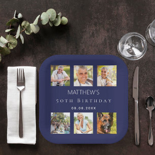 Assiettes En Carton Fête d'anniversaire en photo bleu marine
