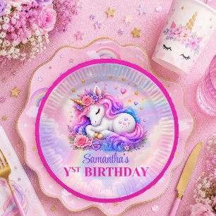 Assiettes En Carton Fête d'anniversaire fille licorne rose violet Pla