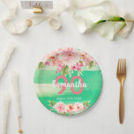 Assiettes En Carton Fête d'anniversaire fleuron vert bois<br><div class="desc">Une plaque en papier de style rustique pour la fête du 90e anniversaire. Avec des fleurs de dahlia contemporaines roses, pêche et corail colorées. Un mur en bois vert et rustique en arrière - plan. Modèles pour un nom, un âge et une date. Date de naissance ou date de la...</div>