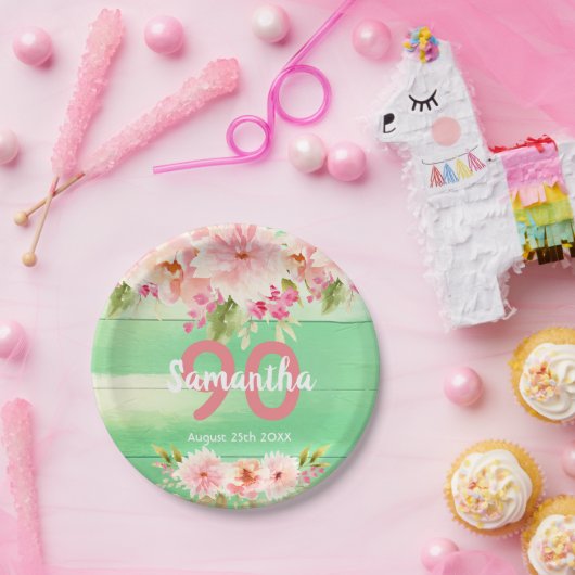 Assiettes En Carton Fête d'anniversaire fleuron vert bois (Fête)