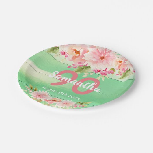 Assiettes En Carton Fête d'anniversaire fleuron vert bois (Angle)