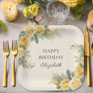 Assiettes En Carton Fête d'anniversaire florale avec rose jaune élégan