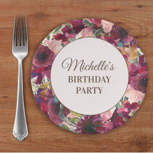Assiettes En Carton Fête d'anniversaire florale rose Burgundy