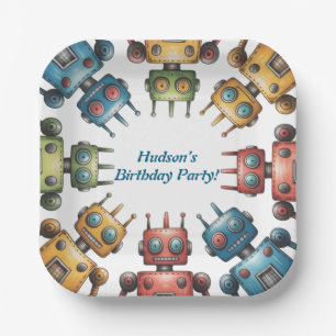 Assiettes En Carton Fête d'anniversaire garcon avec robots rétro color