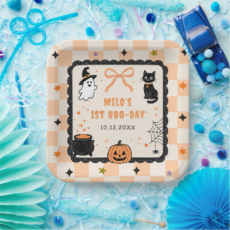 Assiettes En Carton Fête d'anniversaire Halloween à carreaux orange