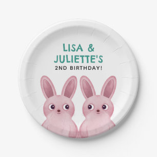 Assiettes En Carton Fête d'anniversaire jumeaux avec deux filles lapin