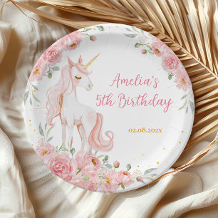 Assiettes En Carton Fête d'anniversaire licorne florale rose