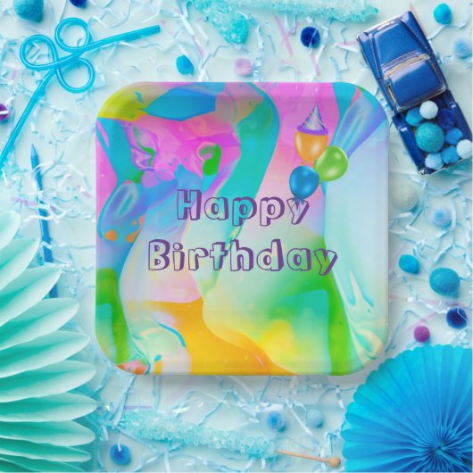 Assiettes En Carton Fête d'anniversaire Neon Arc-en-ciel Abstrait (Fête)