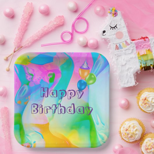 Assiettes En Carton Fête d'anniversaire Neon Arc-en-ciel Abstrait (Fête)