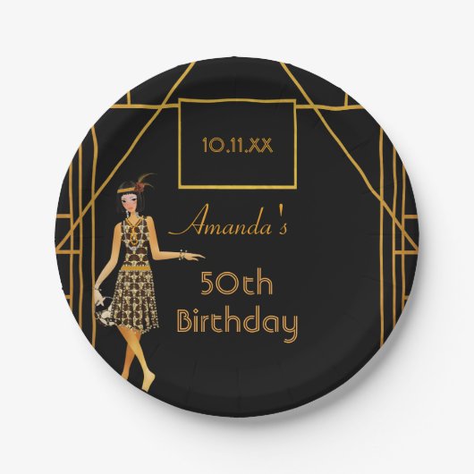 Assiettes En Carton fête d'anniversaire noir or 1920 style art déco (Devant)