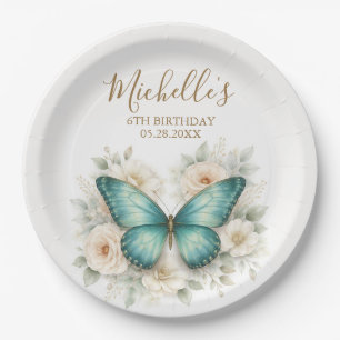 Assiettes En Carton Fête d'anniversaire papillon moderne et fleurs sau