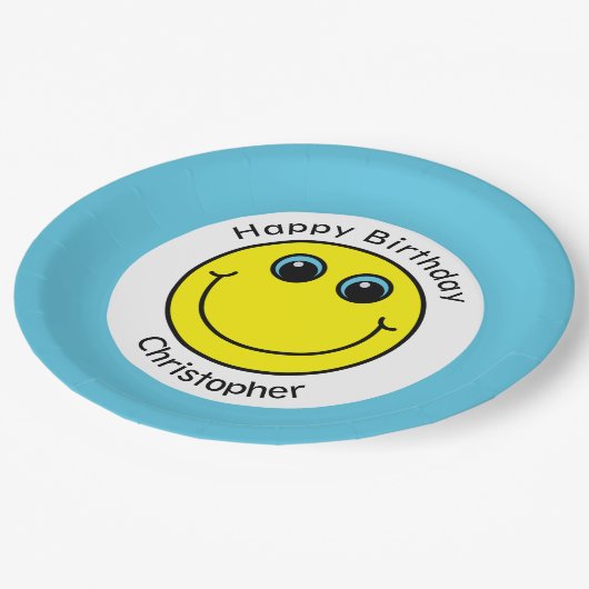 Assiettes En Carton Fête d'anniversaire personnalisée à visage jaune (Angle)