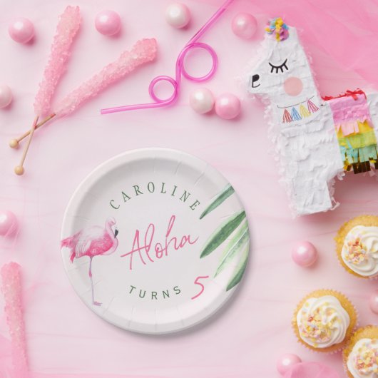 Assiettes En Carton Fête d'anniversaire personnalisée en rose tropical (Fête)