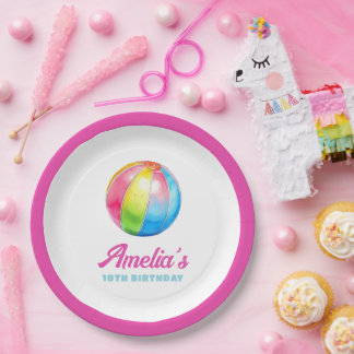 Assiettes En Carton Fête d'anniversaire personnalisée piscine rose