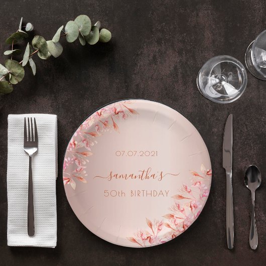 Assiettes En Carton Fête d'anniversaire rose or rose fleurons botaniqu