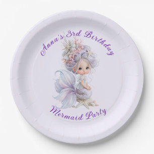 Assiettes En Carton Fête d'anniversaire Sirène Cheveux Violets Coquill