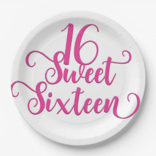 Assiettes En Carton Fête d'anniversaire Sweet 16 Blanc et Rose Chaud