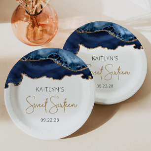 Assiettes En Carton Fête d'anniversaire Sweet 16 Bleu Nuit Agate Dorée