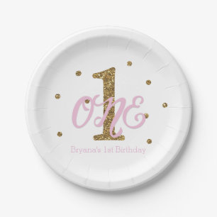 Assiettes En Carton Fête d'anniversaire UN 1er pour filles Rose & Or