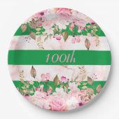 Assiettes En Carton Fête d'anniversaire Vert rose rayure florale (Devant)