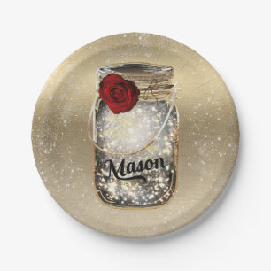 Assiettes En Carton Fête dans un pot Mason Rose Rouge Pailleté Or Glam