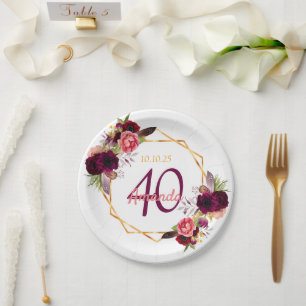 Assiettes En Carton Fête de 40e anniversaire florals or blanc bordeaux