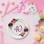 Assiettes En Carton Fête de 40e anniversaire florals or blanc bordeaux (Fête)