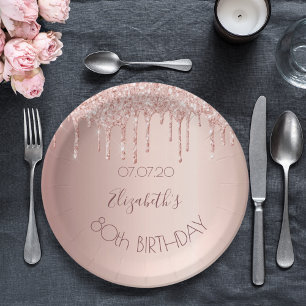 Assiettes En Carton Fête de 80e anniversaire blush rose gouttes partie