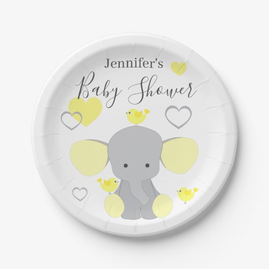Assiettes En Carton Fête de Baby shower fille éléphant jaune (Devant)