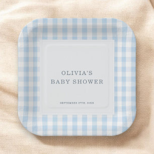 Assiettes En Carton Fête de Baby Shower Garçon Bleu Gingham