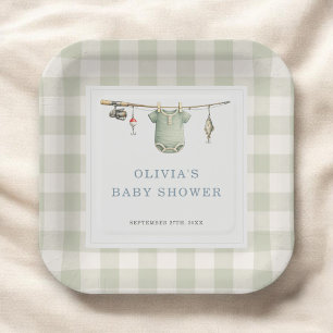 Assiettes En Carton Fête de Baby Shower Gingham Pêcheur