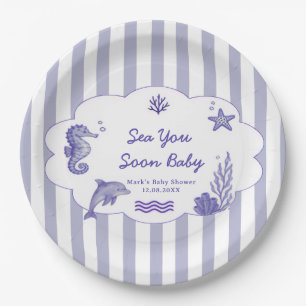 Assiettes En Carton Fête de Bébé « Bientôt à la Mer » à Rayures Bleues