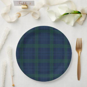 Assiettes En Carton Fête de bébé chic et BCBG à carreaux bleus et vert