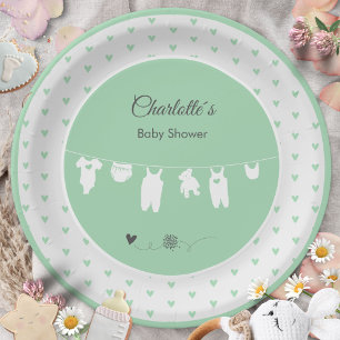 Assiettes En Carton Fête de Bébé de Style Bohème aux Cœurs Vert Menthe