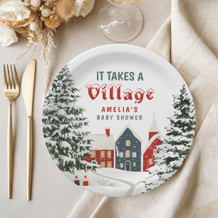 Assiettes En Carton Fête de Bébé en Hiver 'Il Faut un Village'