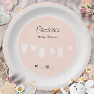 Assiettes En Carton Fete de Bébé Fille Linge à Linge Cœurs Roses Pêche