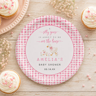 Assiettes En Carton Fête de Bébé Fille Rose à Carreaux Silly Goose