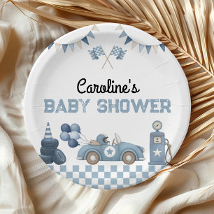 Assiettes En Carton Fête de Bébé Garçon Voiture de Course Bleue