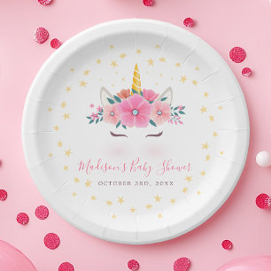 Assiettes En Carton Fête de Bébé Licorne à l'Aquarelle Fleur et Étoile