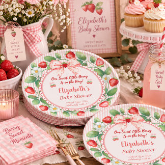 Assiettes En Carton Fête de bébé Rose Fraise avec nom personnalisé