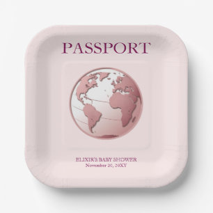 Assiettes En Carton Fête de Bébé Voyage Passeport Rose