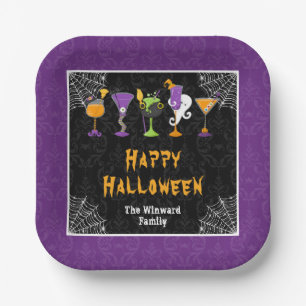 Assiettes En Carton Fête de cocktails et costumes d'Halloween violet