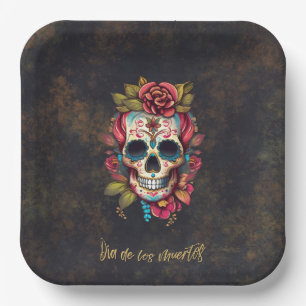 Assiettes En Carton Fête de crânes de sucre floraux Dia de los Muertos