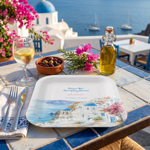 Assiettes En Carton Fête de fiançailles à Santorin en Grèce, aquarelle