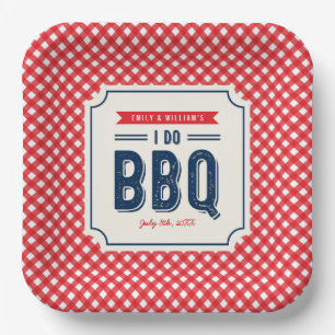 Assiettes En Carton Fête de fiançailles Red Gingham et Blue I Do BBQ