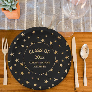 Assiettes En Carton Fête de graduation Black and Gold Stars